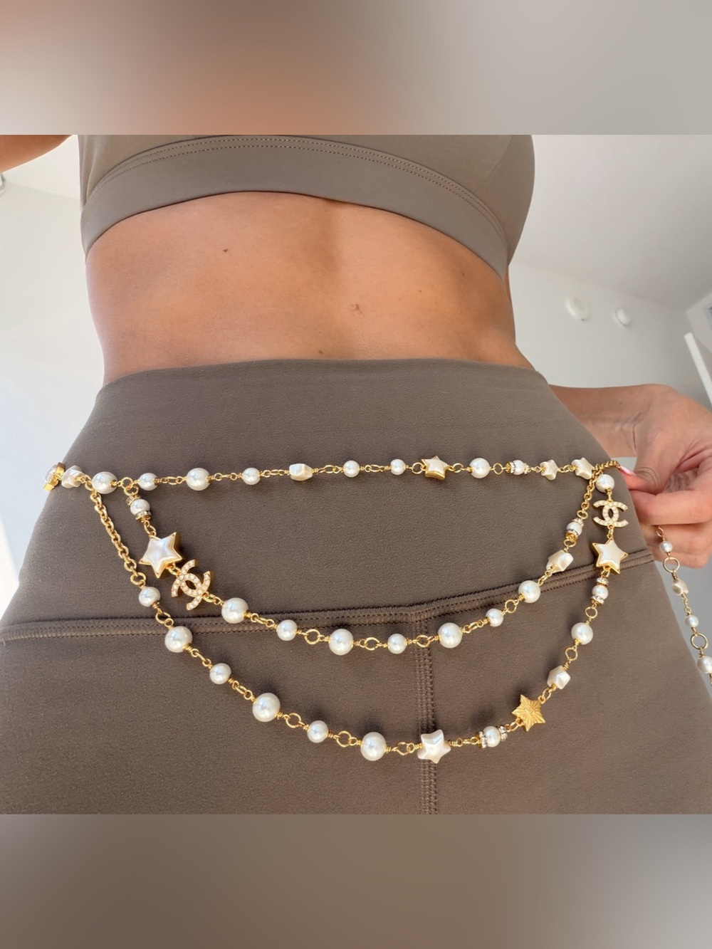 CHANEL Pearl Star CC Multi Strand Belt Gold & White